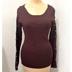 Ethyl Womens Y2K Rib Knit Top Medium Brown Rhinestone Cold Shoulders Stretch